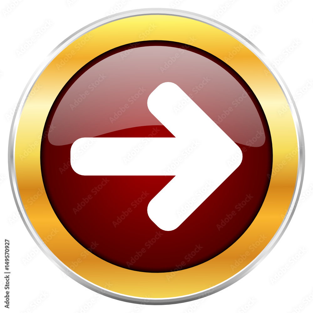 Aufkleber right arrow red vector icon with golden border isolated on white background.
