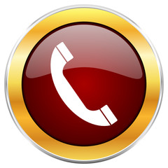 Phone red vector icon with golden border isolated on white background.