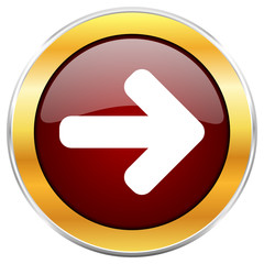 Right arrow red vector icon with golden border isolated on white background.