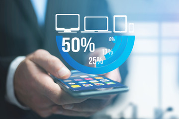 Blue survey graph interface with business theme going out a smartphone - Technology concept