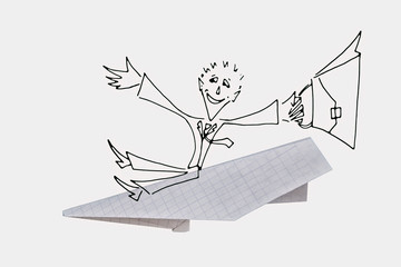 Drawn businessman on paper airplane.