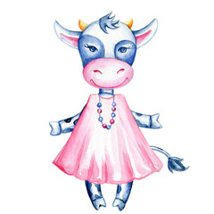Watercolor calf in pink dress hand drawn kid cartoon animal, domestic cute cow standing isolated on white background, Character design for greeting card, children invitation, creation of alphabet