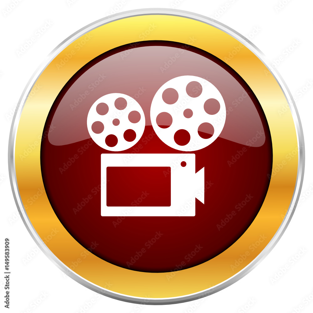 Poster movie red vector icon with golden border isolated on white background.