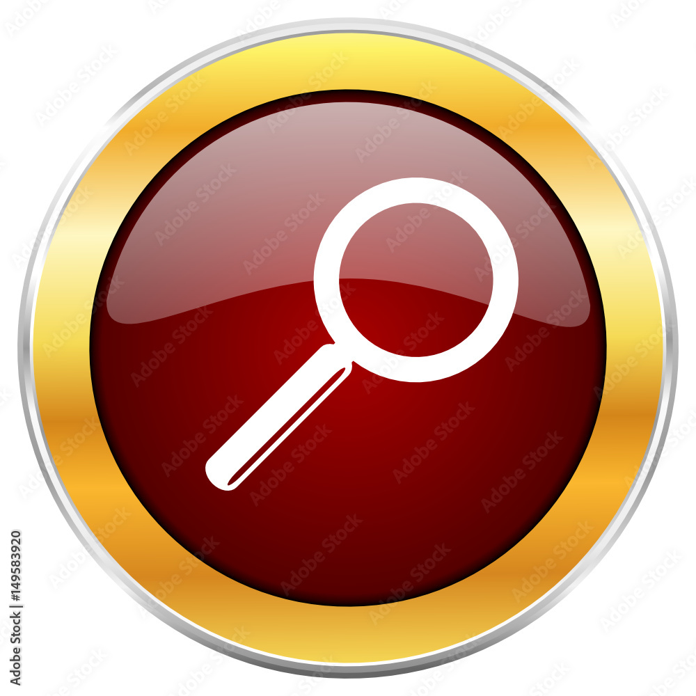 Poster search red vector icon with golden border isolated on white background.