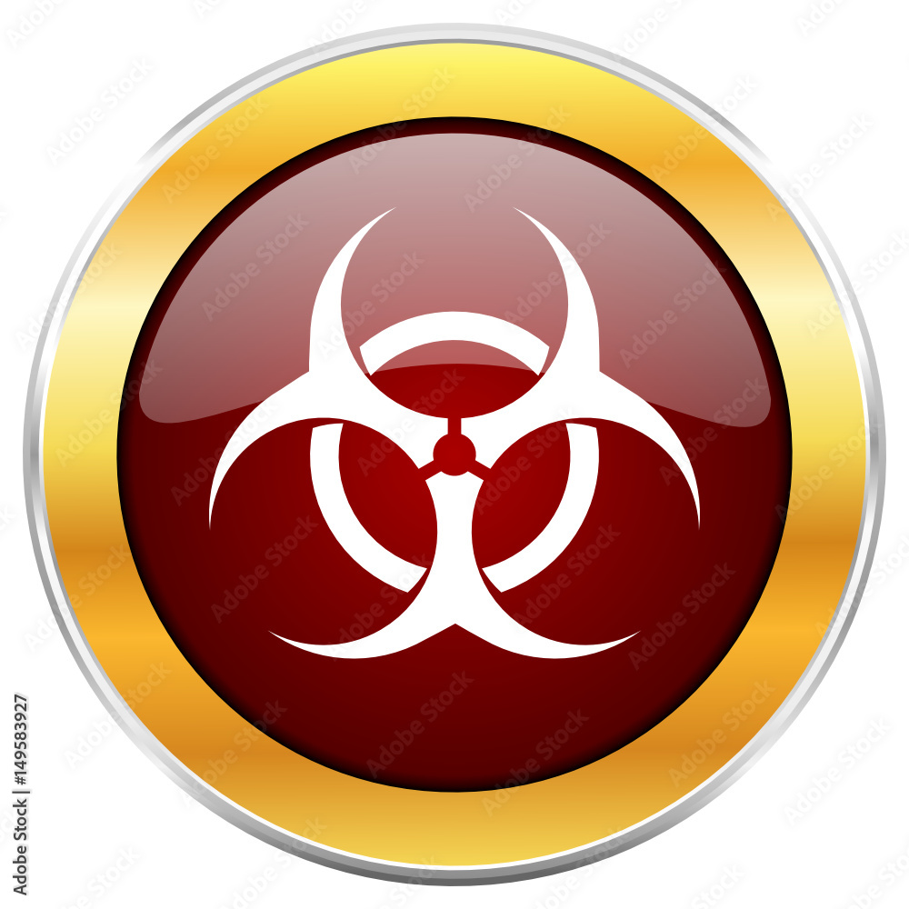 Poster biohazard red vector icon with golden border isolated on white background.