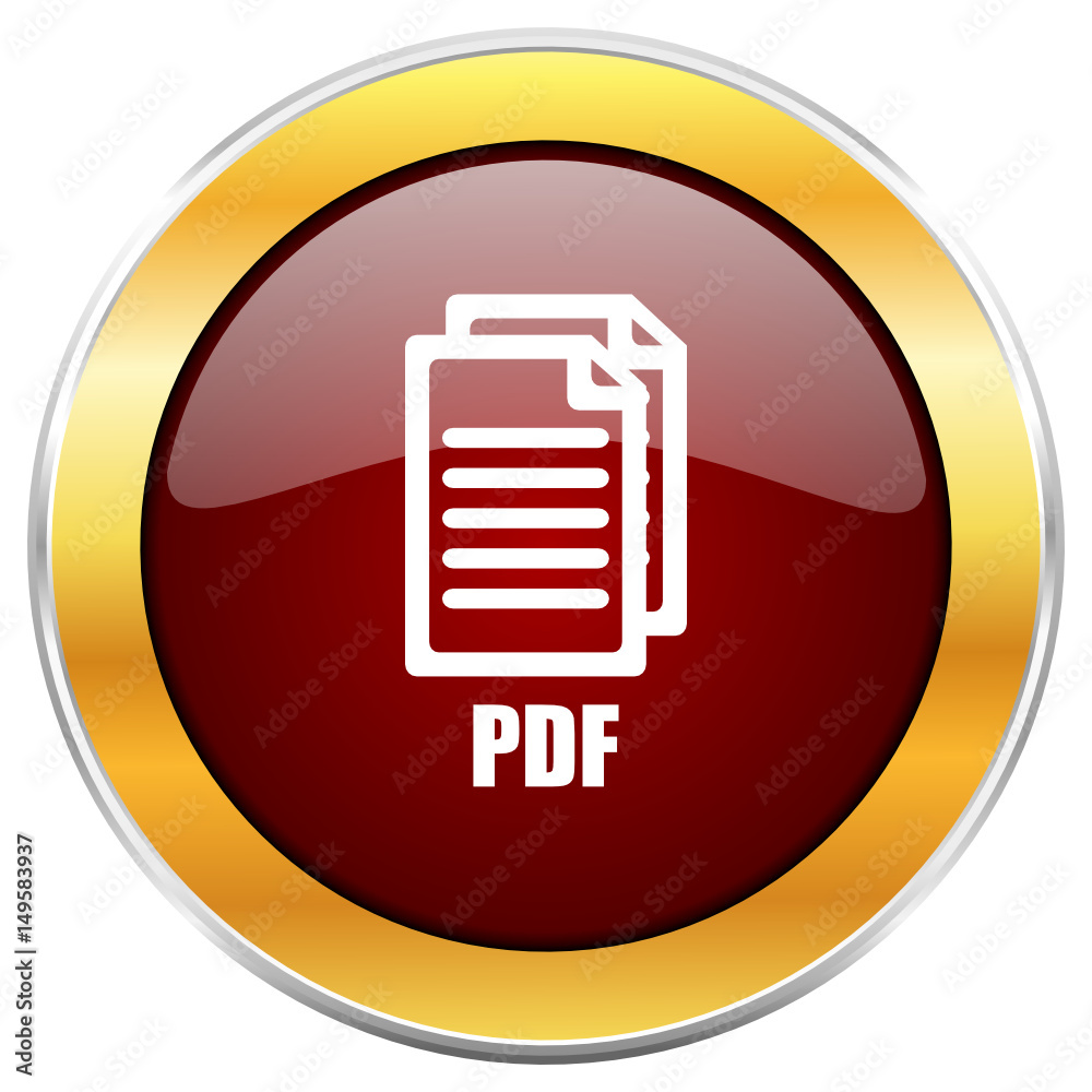 Poster pdf red vector icon with golden border isolated on white background.,