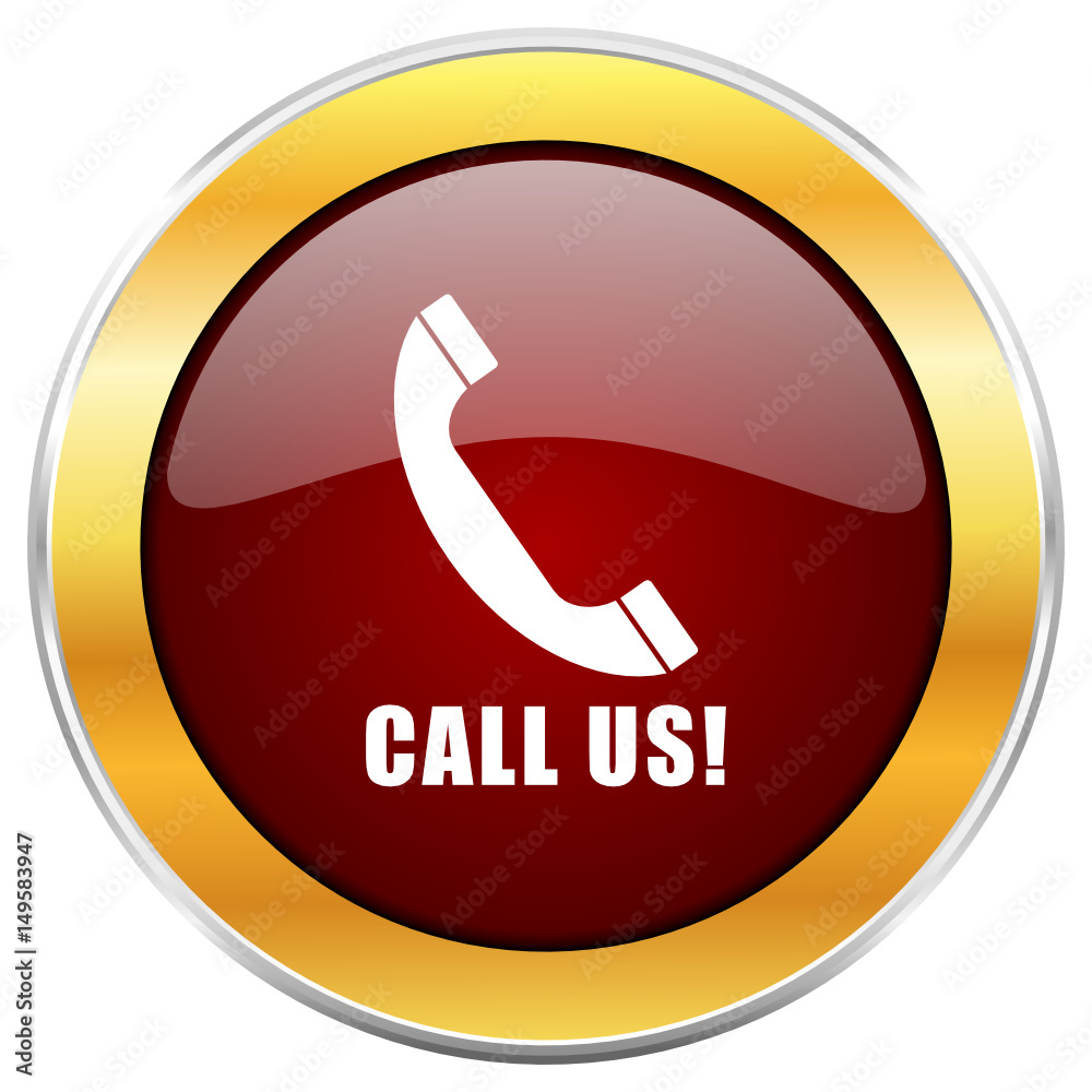 Poster Call us red vector icon with golden border isolated on white background.  
