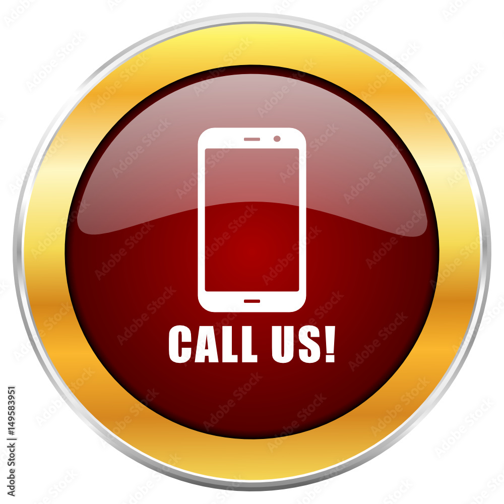 Aufkleber call us red vector icon with golden border isolated on white background.