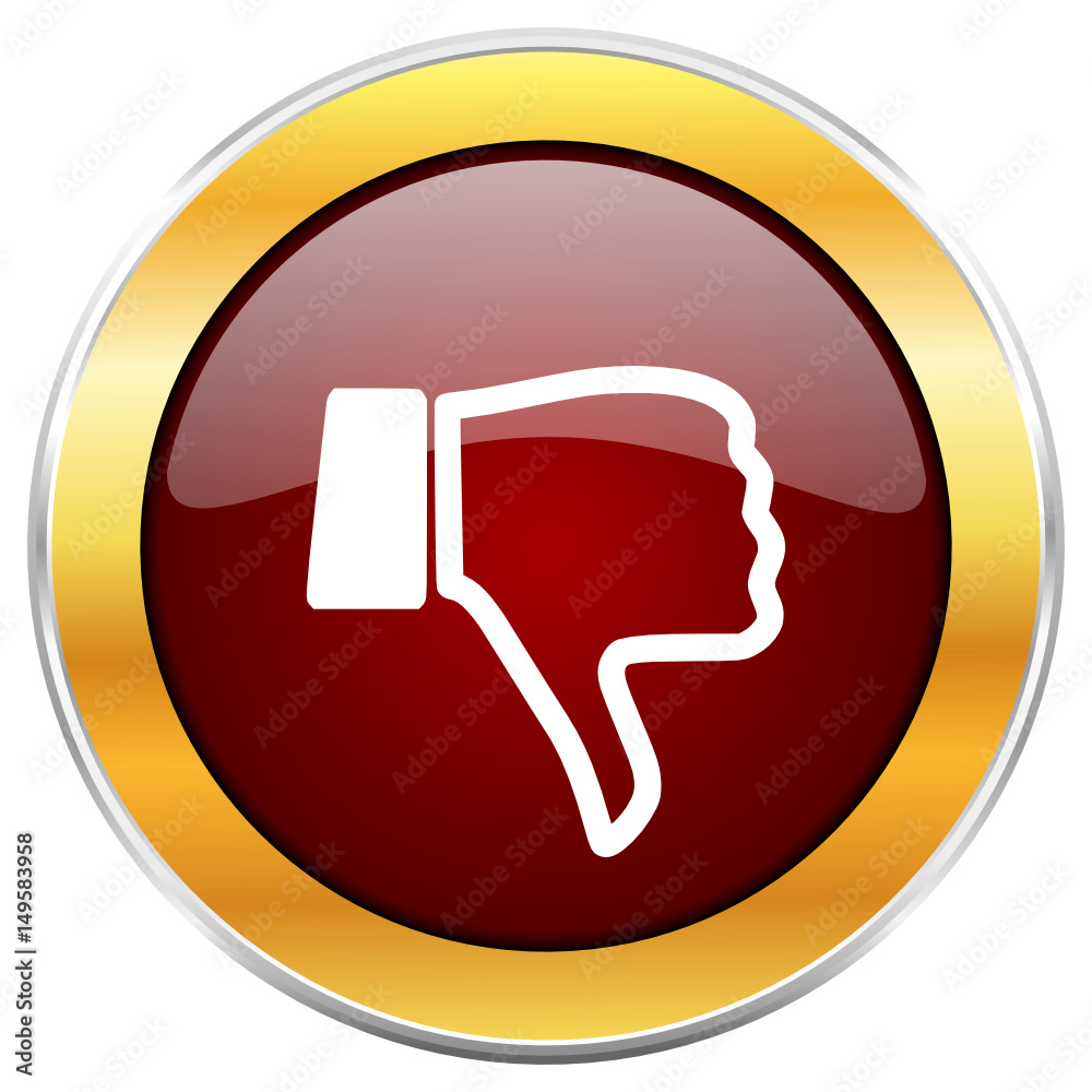 Poster dislike red vector icon with golden border isolated on white background.