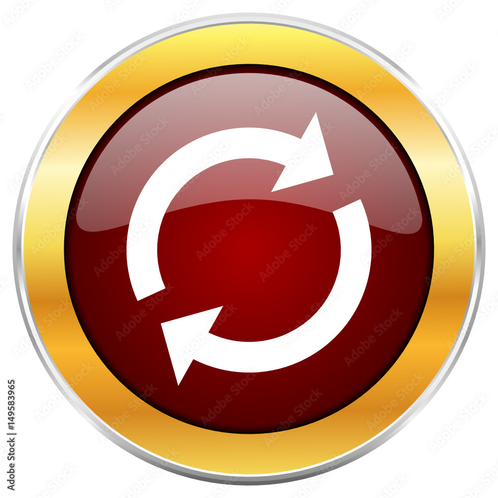 Poster reload red vector icon with golden border isolated on white background.