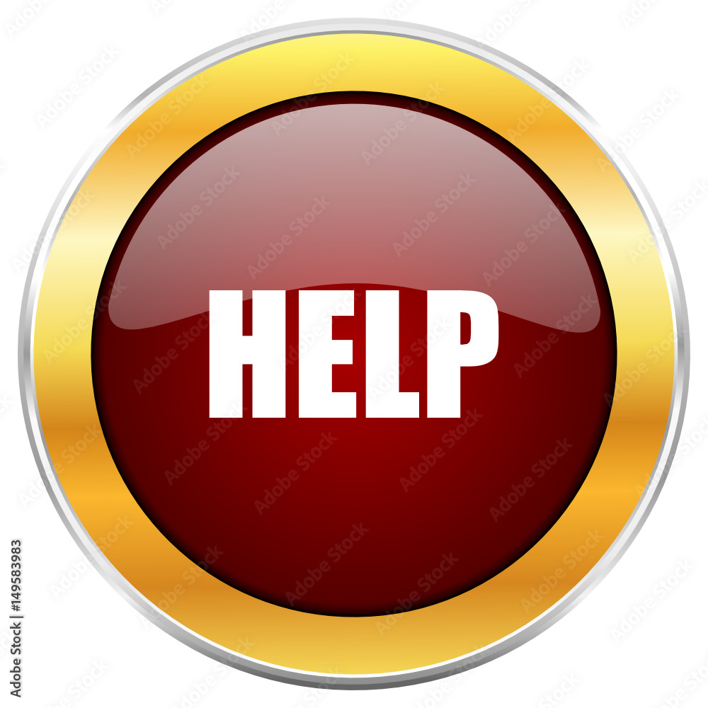 Poster help red vector icon with golden border isolated on white background.