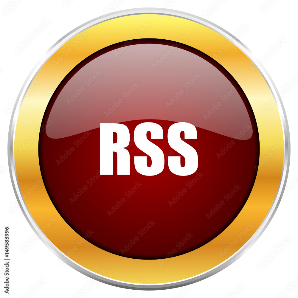 Poster rss red vector icon with golden border isolated on white background.