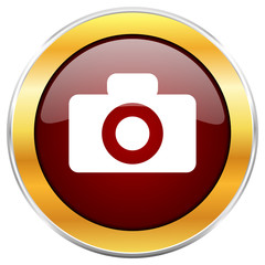 Camera red vector icon with golden border isolated on white background.  
