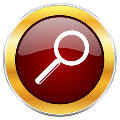 Search red vector icon with golden border isolated on white background.  
