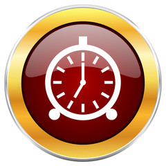 Alarm red vector icon with golden border isolated on white background.  
