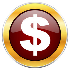 Dollar red vector icon with golden border isolated on white background.  

