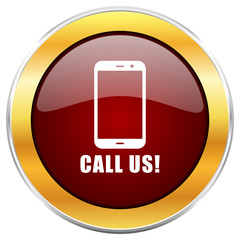 Call us red vector icon with golden border isolated on white background.