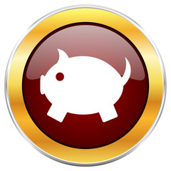 Piggy bank red vector icon with golden border isolated on white background.