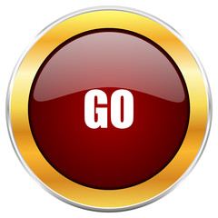 Go red vector icon with golden border isolated on white background.