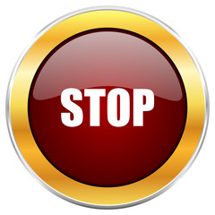 Stop red vector icon with golden border isolated on white background.