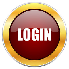 Login red vector icon with golden border isolated on white background.
