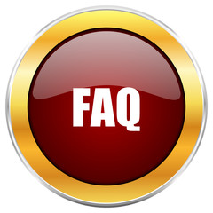 Faq red vector icon with golden border isolated on white background.