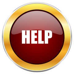 Help red vector icon with golden border isolated on white background.