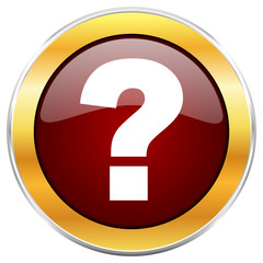 Question mark red vector icon with golden border isolated on white background.