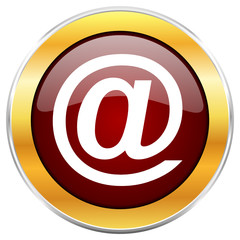 Email red vector icon with golden border isolated on white background.