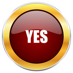Yes red vector icon with golden border isolated on white background.