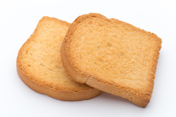 Slices of toast bread on wooden table, top view.