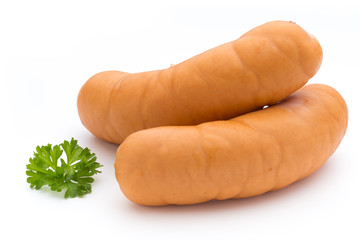 Sausage and spices isolated on white background, fresh delicious frankfurter.