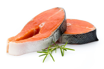 salmon steak close-up isolated on white background - obrazy, fototapety, plakaty