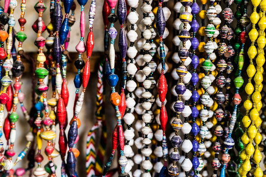 different colorful handmade beads at african flea market