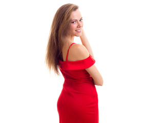 Young woman in red dress