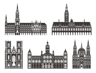Fototapeta premium Western Europe. Architecture. Isolated European buildings on white background