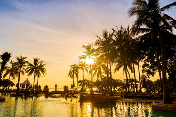 Silhouette coconut palm tree around swimming pool