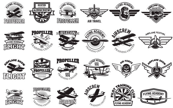 Set of airplane training center emblems. Design elements for logo, label, emblem, sign. Vector illustration.