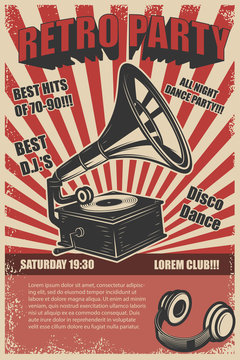 Retro party. Vintage gramophone on grunge background. Design elements for poster. Vector illustration