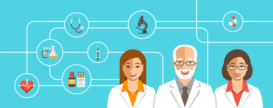 Doctors team with medical icons. Health care flat vector background. Professional hospital services concept. Medical staff smiling faces. Senior man therapist with female physicians
