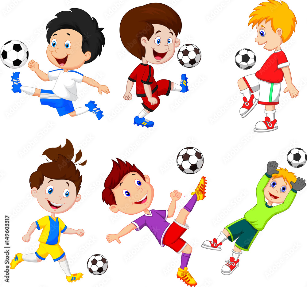 Poster Cartoon little Boy playing football