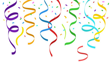 Hanging colorful streamers and falling confetti on white background - vector illustration