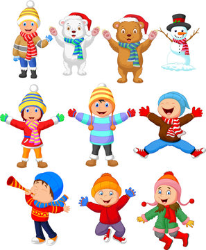 Little kids wearing winter clothes