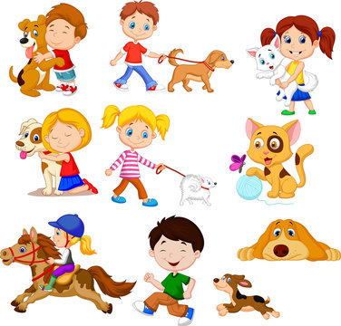 Cartoon little kids with their pets