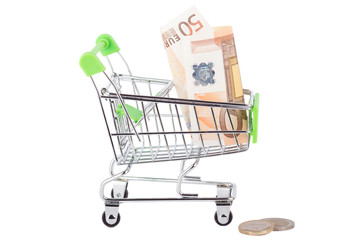 Fifty euro in the shopping pushcart, isolated