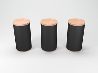 Three Tin Cans Mockup with wooden lid, label. Black Cylindrical packaging, 3d rendering
