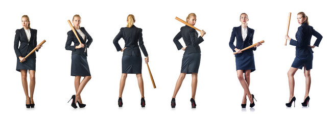 Businesswoman with baseball bat on white