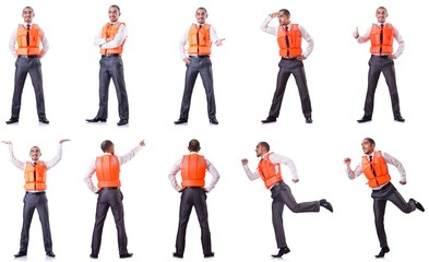 Obraz premium Man in life jacket isolated on white