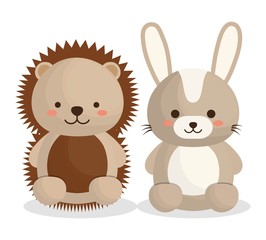 cute porcupine and rabbit  animals icon over white background. colorful design. vector illustration