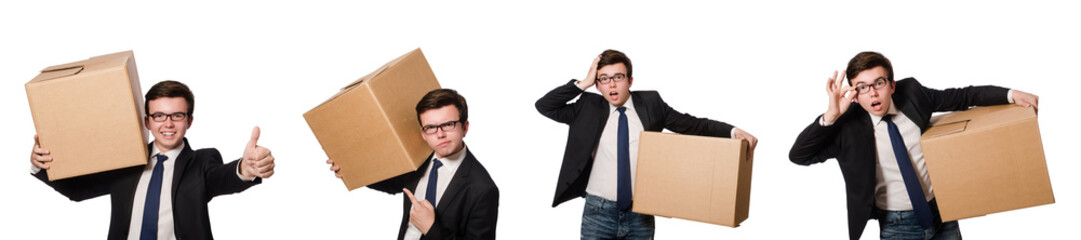 Funny man with boxes isolated on white